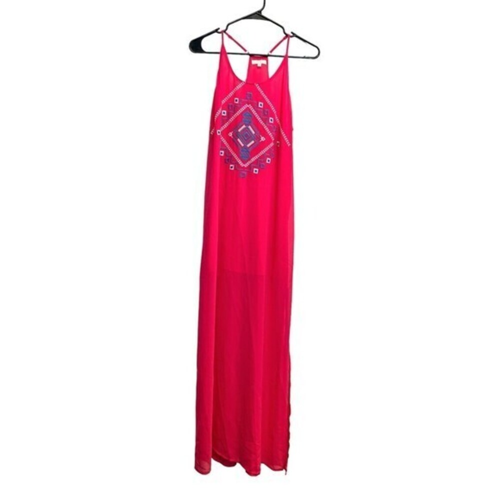 Embroidered Round Neck Sleevesless Maxi Dress In Pink Sz Medium